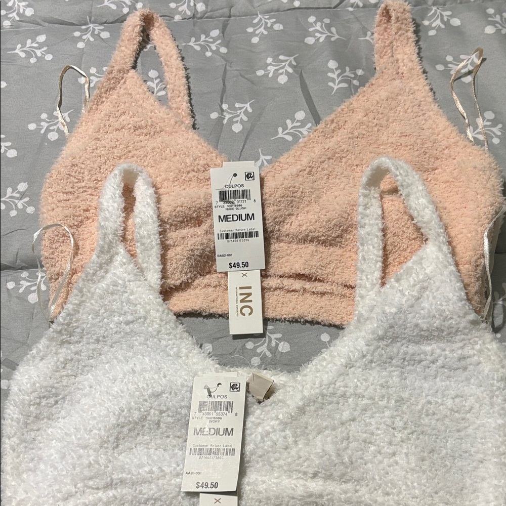 Culpos x INC International Concepts Two Women's Fuzzy Bralettes- White and Peach